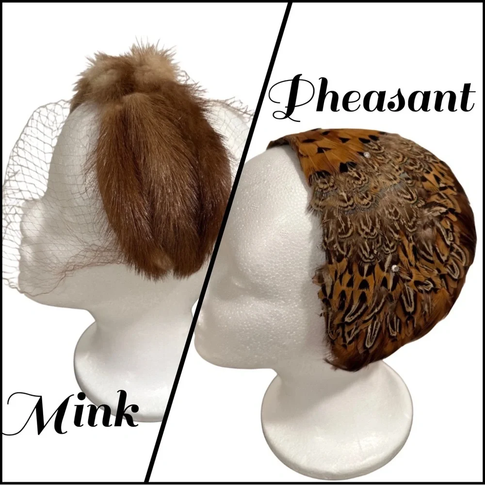 Bundle (2) Vintage Fascinator Pillbox Whimsy Hats 40-60s Pheasant Feather & Mink - Picture 3 of 17